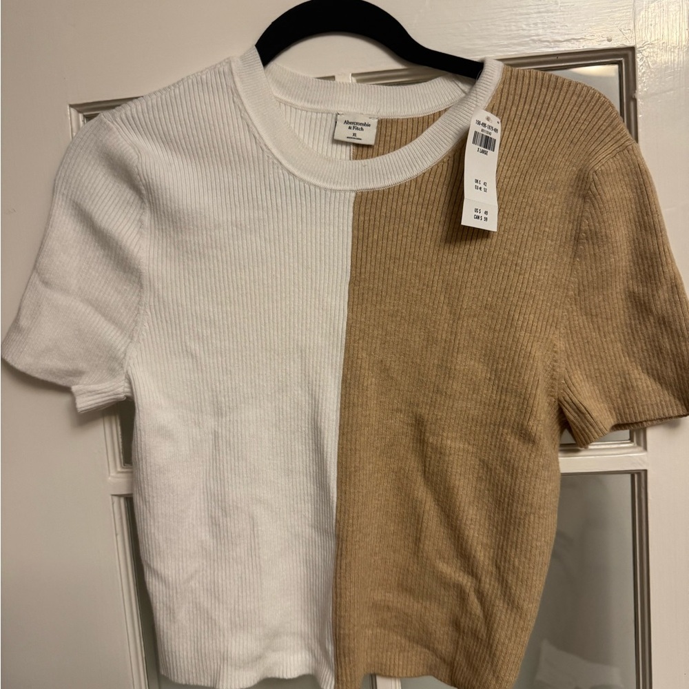 Abercrombie Two-Tone Ribbed Short Sleeve Top — White & Camel